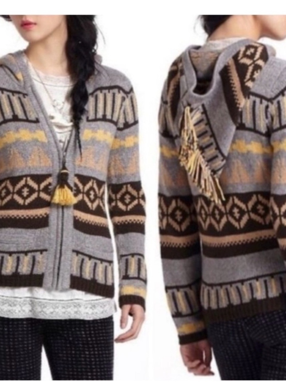 SPARROW ANTHROPOLOGIE Nordic Cardigan Sweater Mohawk Hoodie Fringe Aztec Size XS